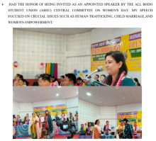 AN APPOINTED SPEAKER BY THE ALL BODO STUDENT UNION (ABSU) CENTRAL COMMITTEE ON WOMEN'S DAY. 